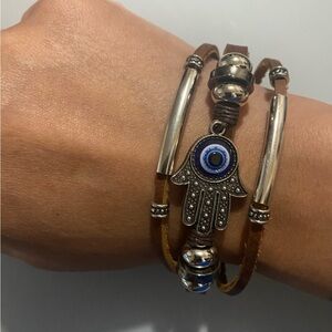 Evil eye Hamsa hand bracelet Brown and Silver Hamsa